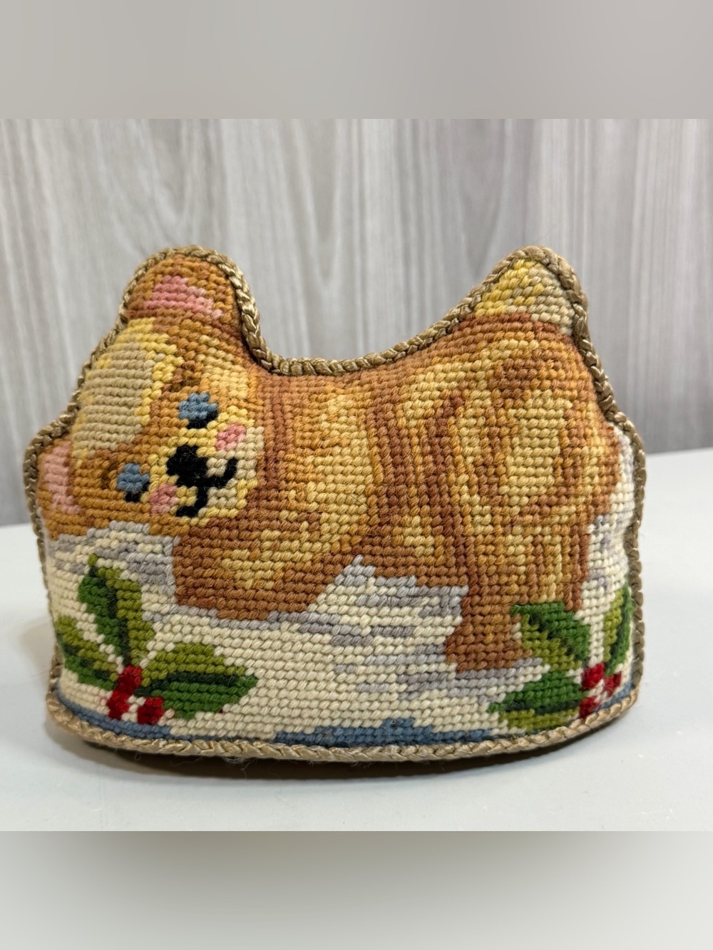 Vintage Needlepoint Teddy Bear Cloud Floral Lightweight Decor Door Stop